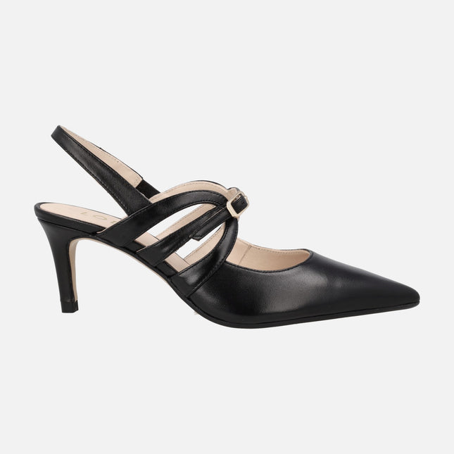 Natur slingback leather pumps with buckle strap crossing the instep