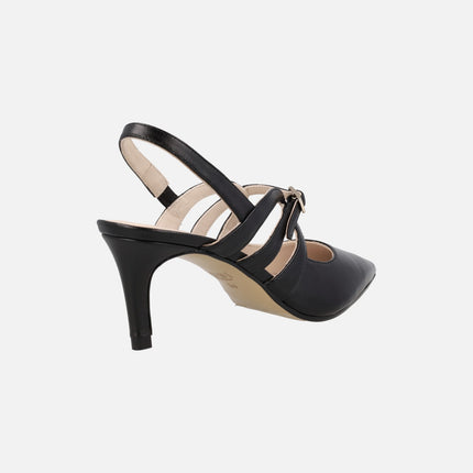Natur slingback leather pumps with buckle strap crossing the instep