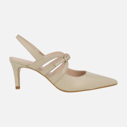 Natur slingback leather pumps with buckle strap crossing the instep