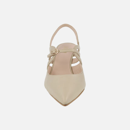 Natur slingback leather pumps with buckle strap crossing the instep