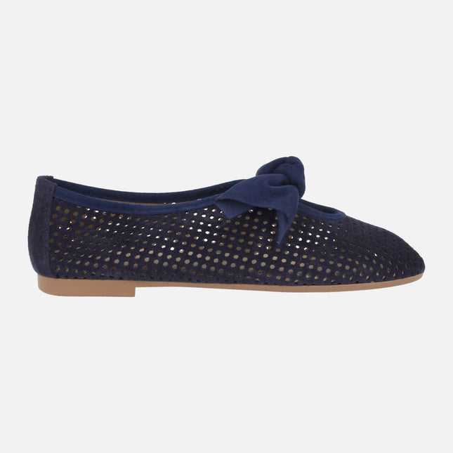 Navy blue suede shoes with openwork and bow decoration