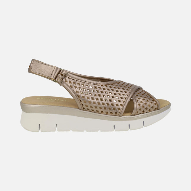 Bronze metallic leather sandals with perforations and velcro closure