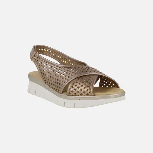 Bronze metallic leather sandals with perforations and velcro closure