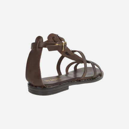 Roman sandals in brown leather with coins