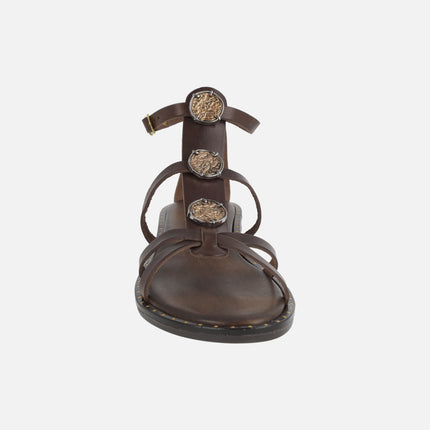 Roman sandals in brown leather with coins
