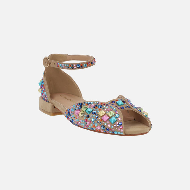 Beige ballerinas with studs and multicolored rhinestones