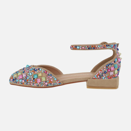 Bailarinas beige con tachas y pedrería multicolor