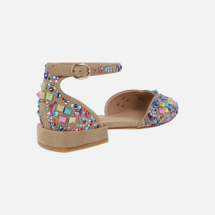 Bailarinas beige con tachas y pedrería multicolor