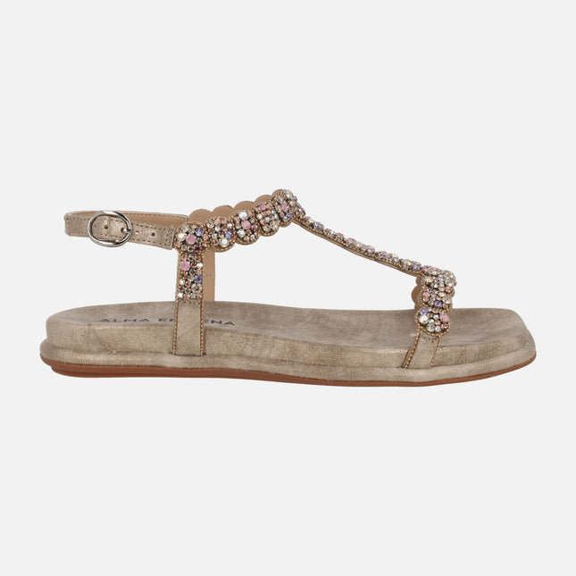 Sandalias bajas en color bronce con pedrería