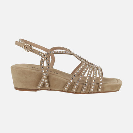 Beige wedged sandals with rhinestone straps