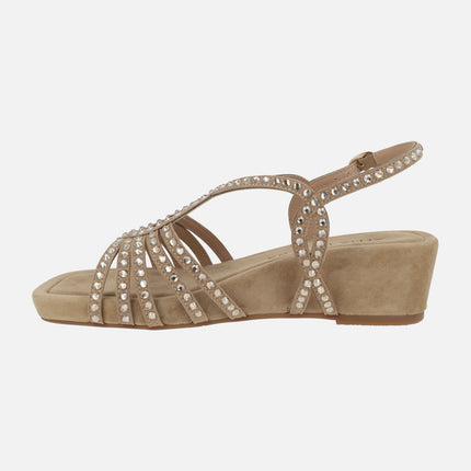 Beige wedged sandals with rhinestone straps