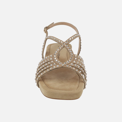 Beige wedged sandals with rhinestone straps