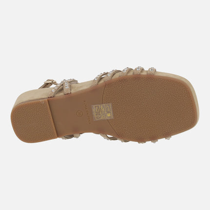 Beige wedged sandals with rhinestone straps