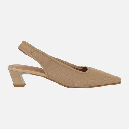 Low-heeled fabric slingback pumps
