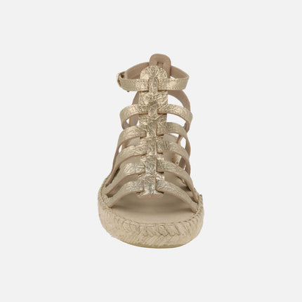 Zapatillas de esparto estilo romanas Mikonos en piel metalizada oro