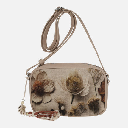 Crossbody bags with flower print and decorative tassel