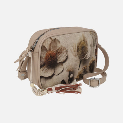 Crossbody bags with flower print and decorative tassel