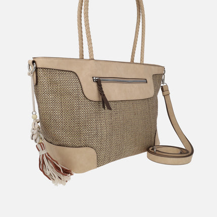 Bolsos multi posición en acabado rafia color arena