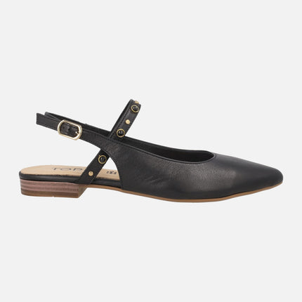 Black leather slingback ballerinas with rhinestone strap