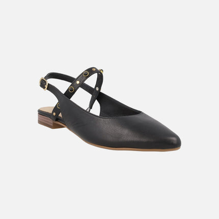 Black leather slingback ballerinas with rhinestone strap