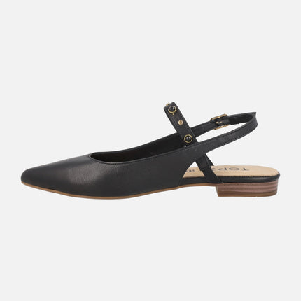 Black leather slingback ballerinas with rhinestone strap