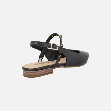 Black leather slingback ballerinas with rhinestone strap