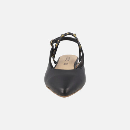 Black leather slingback ballerinas with rhinestone strap