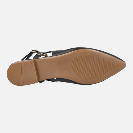 Black leather slingback ballerinas with rhinestone strap