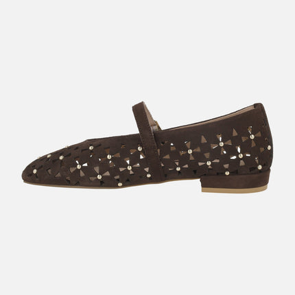 Mary Jane ballerinas in suede with die-cutting and studs flower-effect