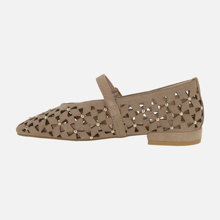 Mary Jane ballerinas in suede with die-cutting and studs flower-effect
