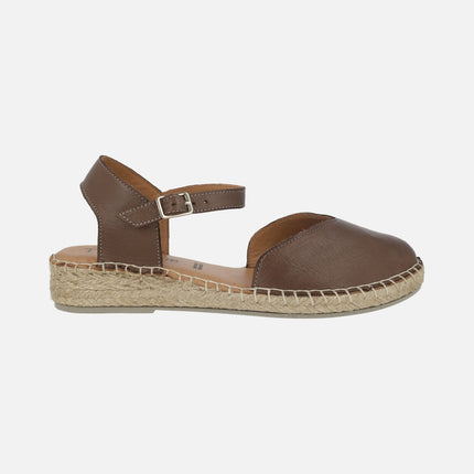 Zapatillas de esparto en piel marrón con pulsera al tobillo