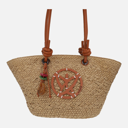 Raffia baskets with wooden decoration