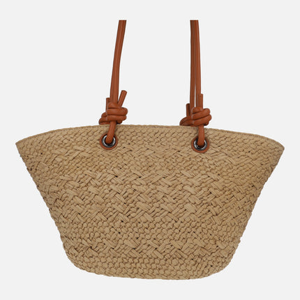 Raffia baskets with wooden decoration