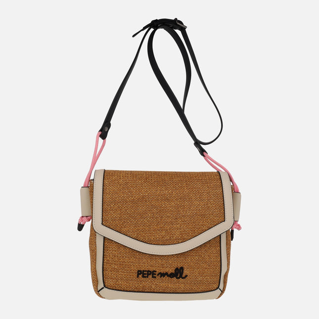Crossbody bags with raffia effect lid