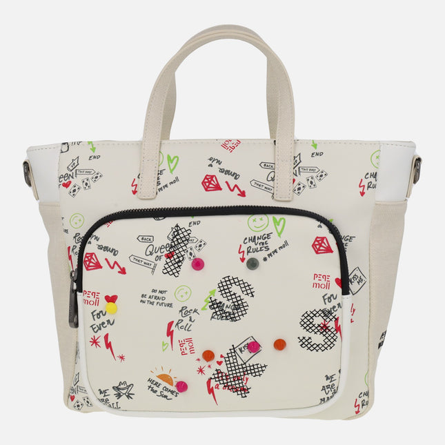 Handbags with shoulder strap and graffiti style print