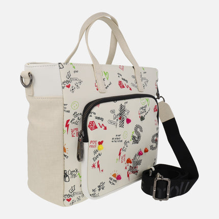 Handbags with shoulder strap and graffiti style print