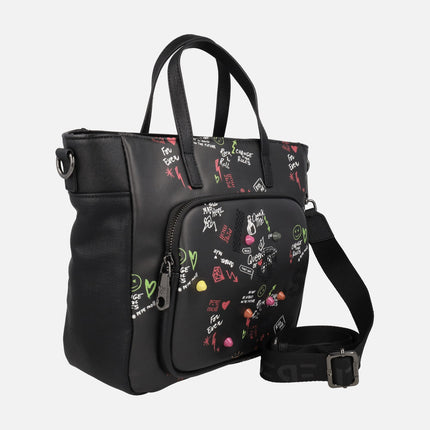 Handbags with shoulder strap and graffiti style print