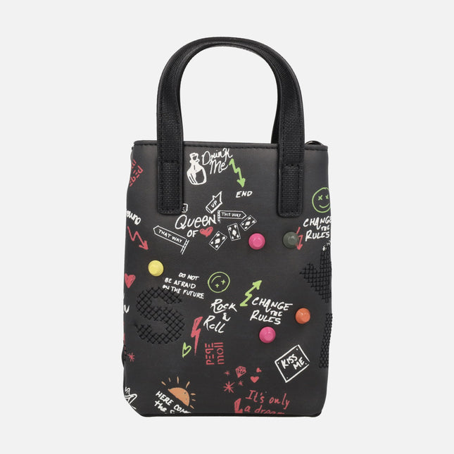 Bolsos pequeños de mano con asa bandolera y detalle de graffity