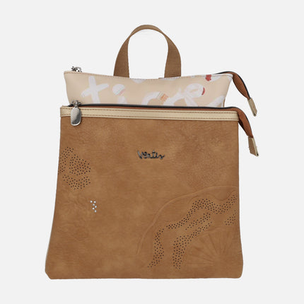 Mochilas con doble compartimento en combinado camel