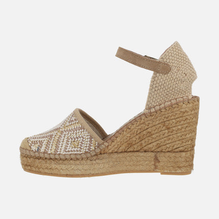 High wedge espadrilles in tan ethnic fabric