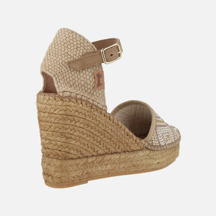 High wedge espadrilles in tan ethnic fabric
