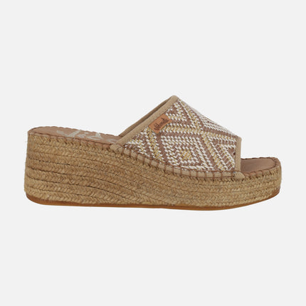 Tan Daisy ethnic fabric clogs with natural fiber platform