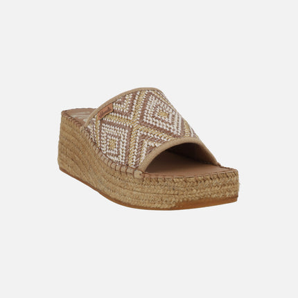 Tan Daisy ethnic fabric clogs with natural fiber platform