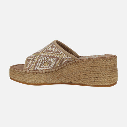 Tan Daisy ethnic fabric clogs with natural fiber platform