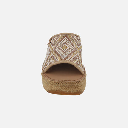 Tan Daisy ethnic fabric clogs with natural fiber platform