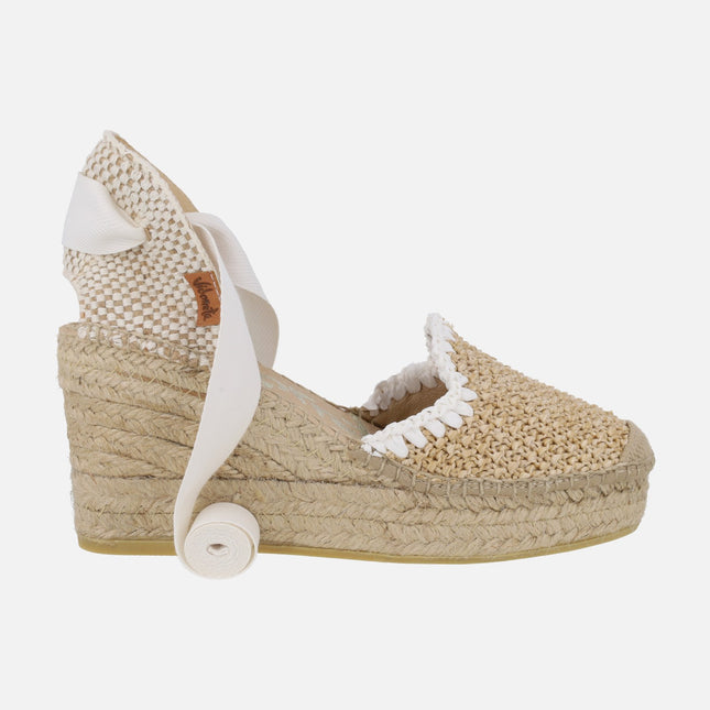 Alpargatas de cuña alta en rafia natural-blanco con cintas