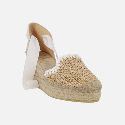 Alpargatas de cuña alta en rafia natural-blanco con cintas
