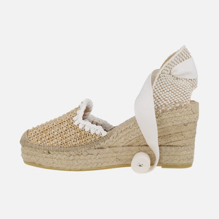 Alpargatas de cuña alta en rafia natural-blanco con cintas
