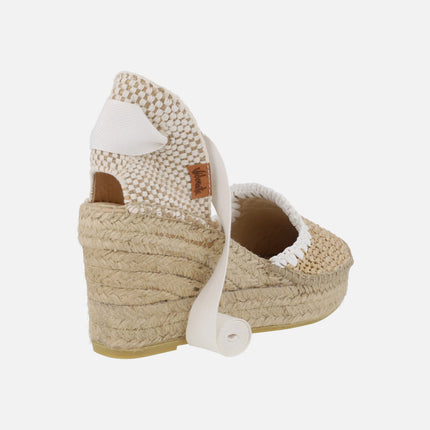 Alpargatas de cuña alta en rafia natural-blanco con cintas