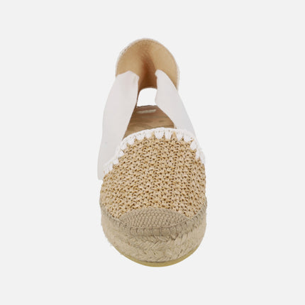 Alpargatas de cuña alta en rafia natural-blanco con cintas